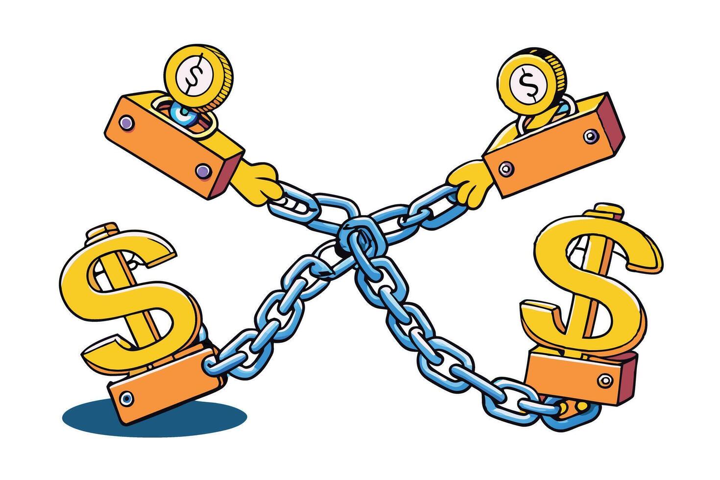 Detailed art showing economic struggle with a person chained by finances, great for illustrating debt and financial limitations vector