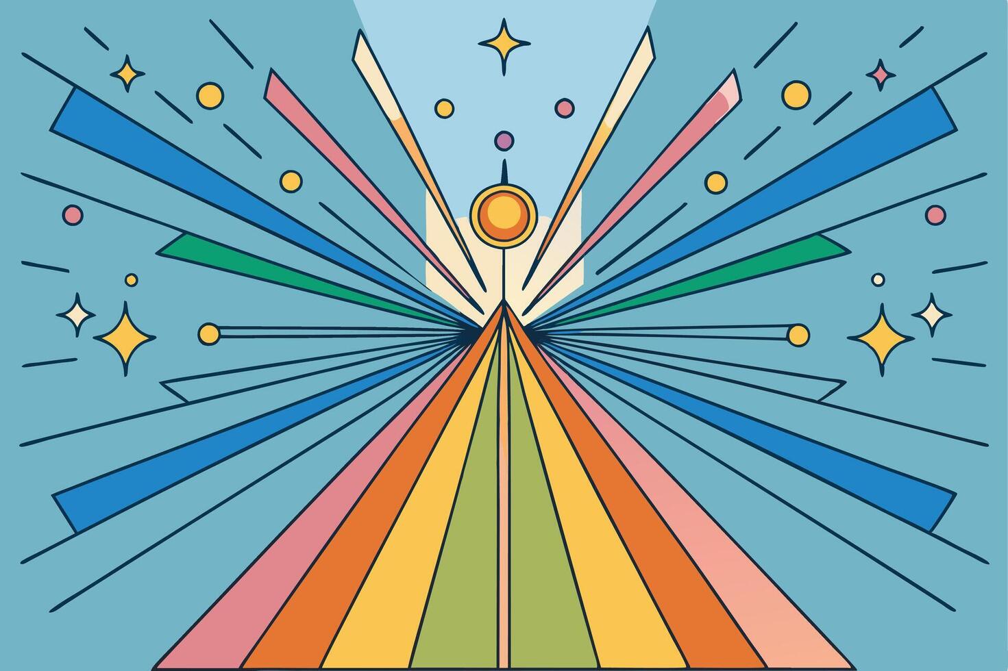 Dynamic background with radiant light beams, geometric shapes, and vivid colors creating a symmetrical sunburst effect vector