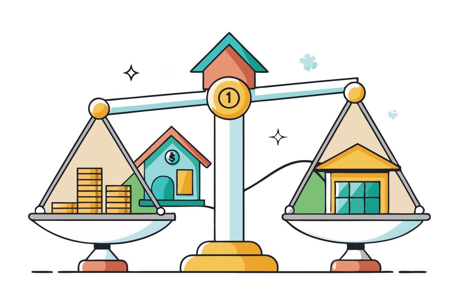 Creative design depicting a scale balancing money and real estate, representing financial stability and smart investments vector
