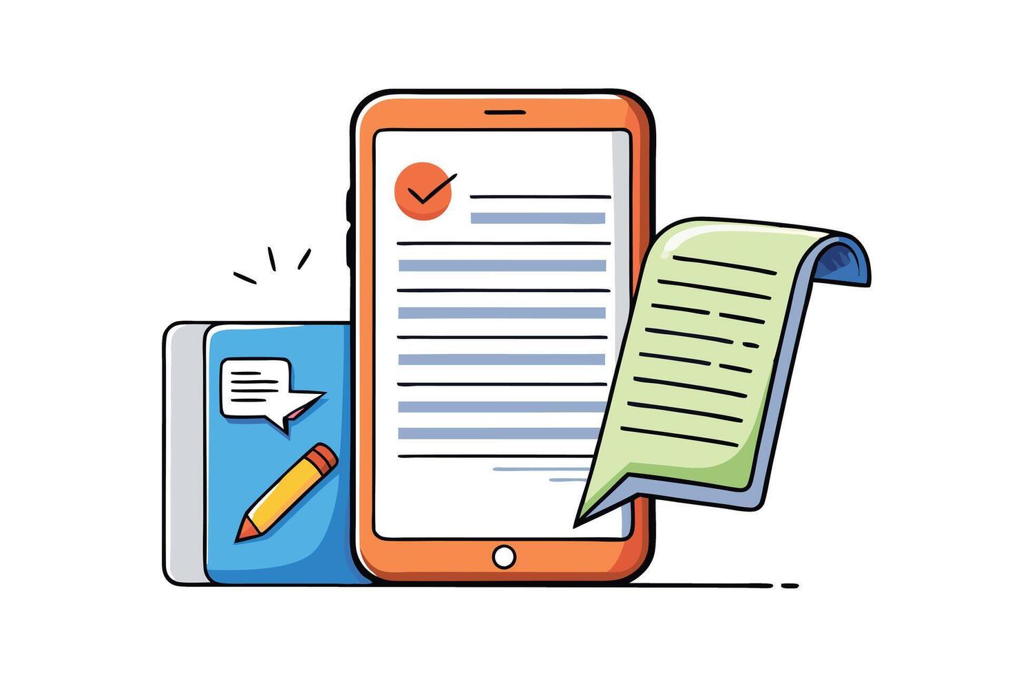 illustration of modern mobile screens with text, checklist, and documents, designed in a clean and colorful style vector