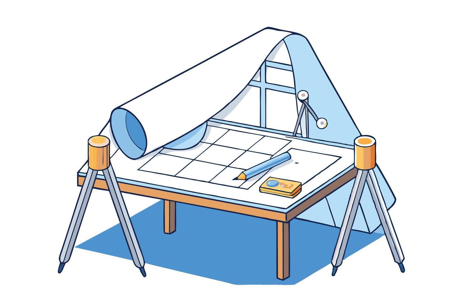 Creative design showing an architectural drafting table with rolled blueprints, tools, and measurement equipment for projects vector