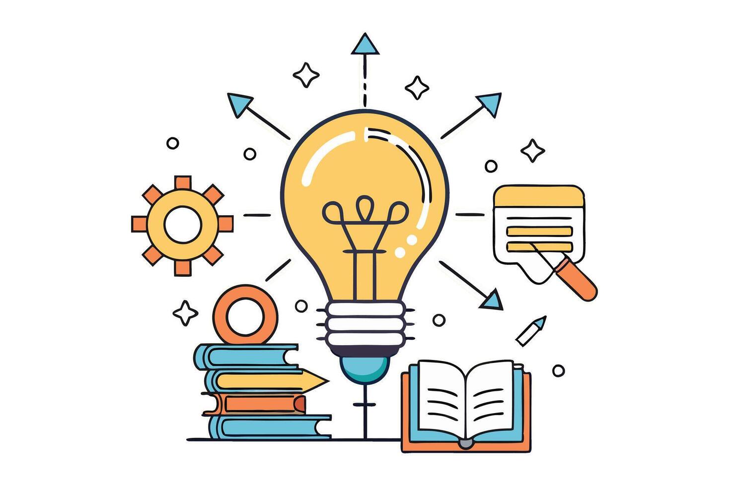 Modern design of a glowing lightbulb with dynamic arrows, books, and charts symbolizing knowledge, education, and creativity vector