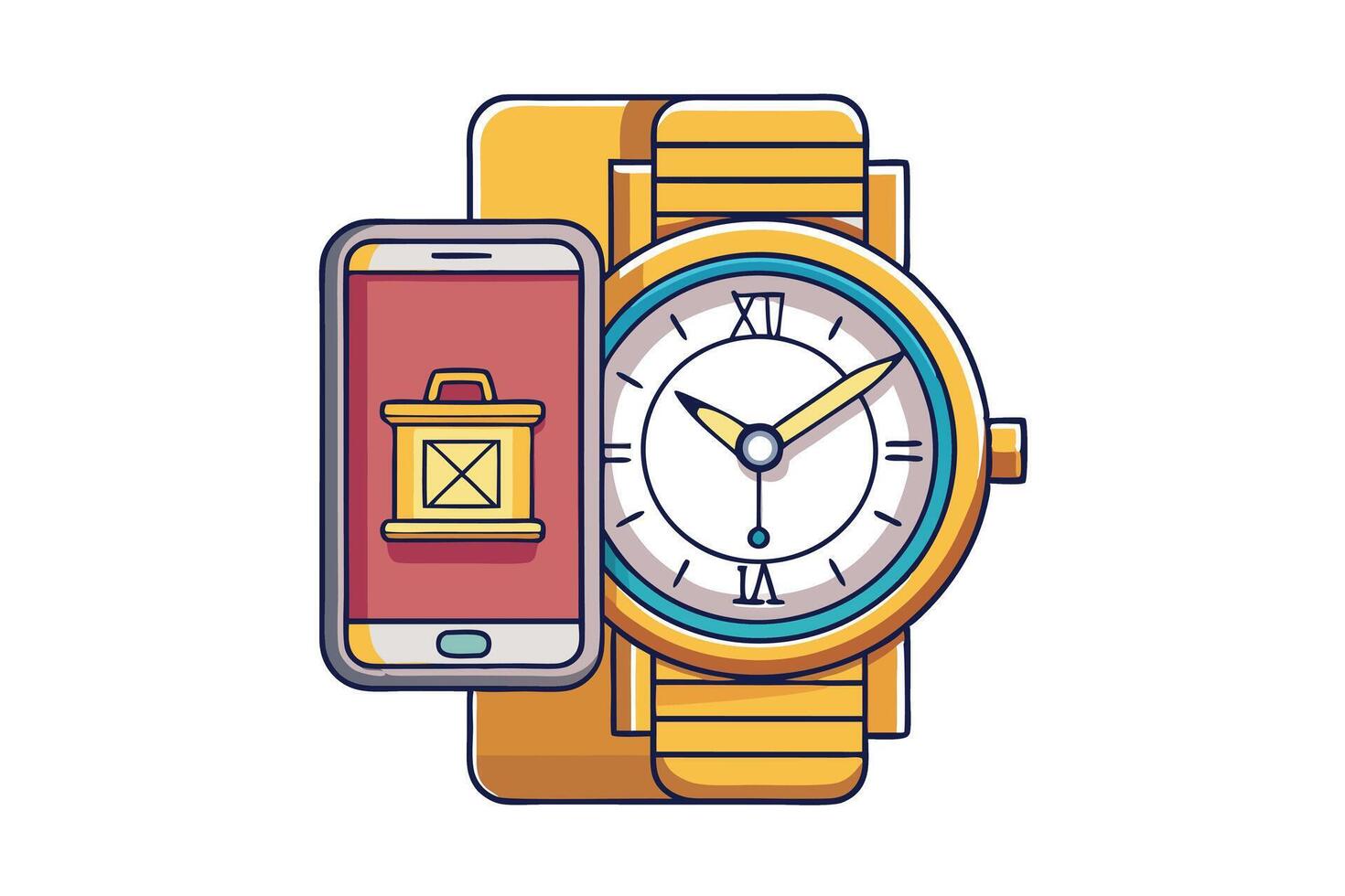 Stylish artwork featuring detailed analog watch paired with modern smartphone, representing classic vs contemporary timepieces vector
