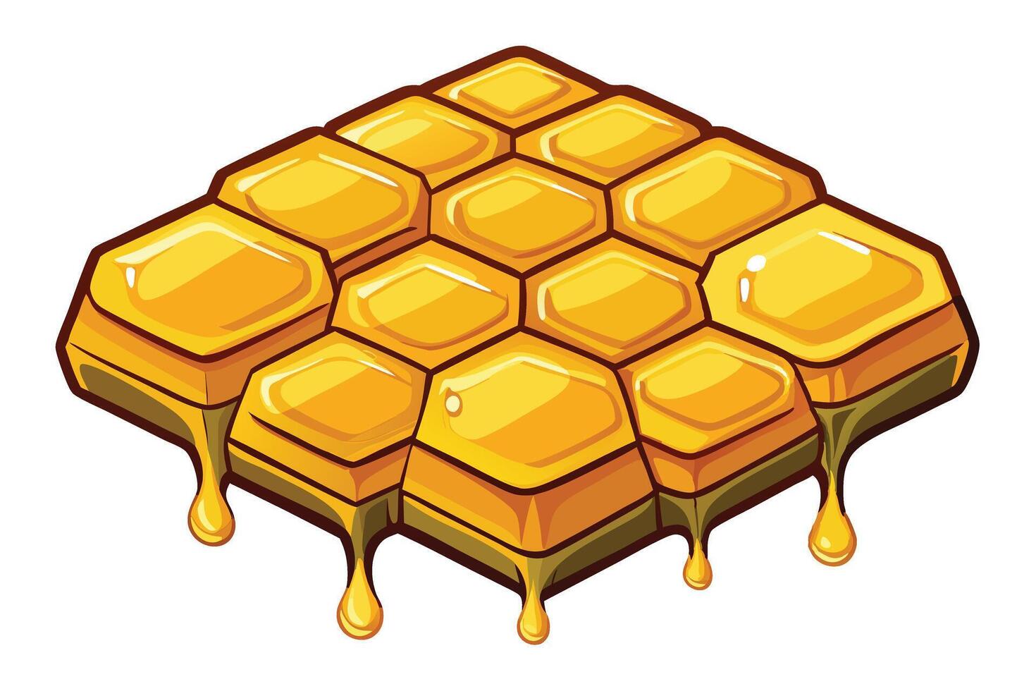 Bright and Detailed Cartoon Honeycomb with Hexagonal Pattern and Flowing Honey Drops on a White Background vector