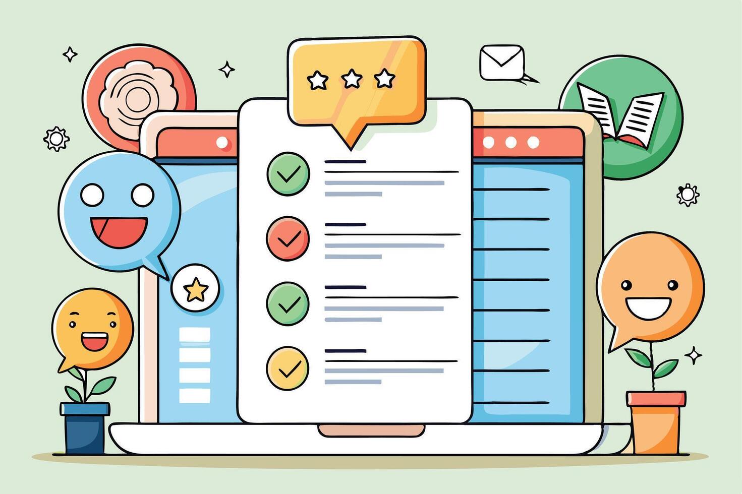Cartoon style teamwork concept showcasing online collaboration and feedback through checklist and communication tools on a laptop vector