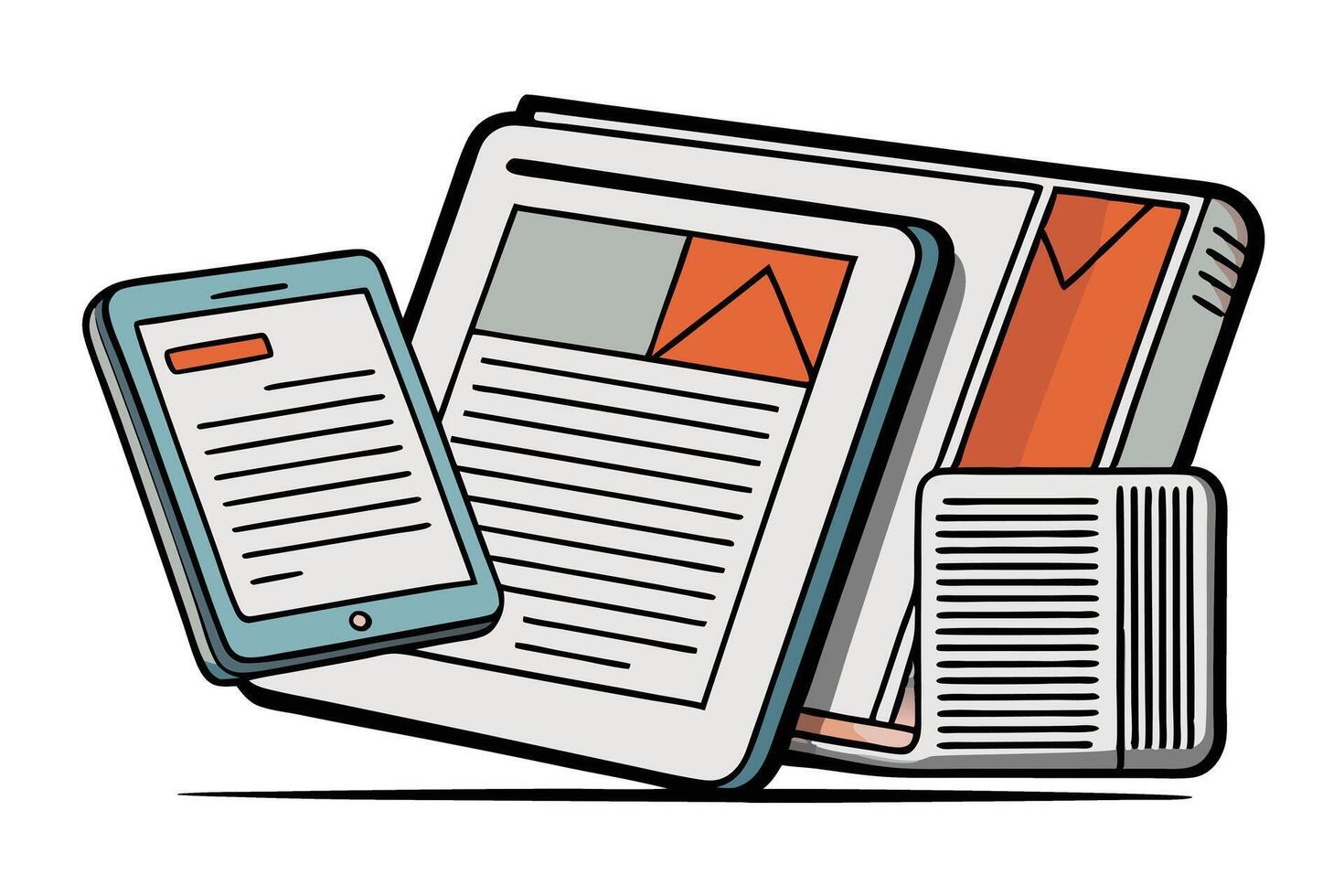 Creative design showing newspapers and digital devices, combining traditional print media and modern technology in a sleek style vector