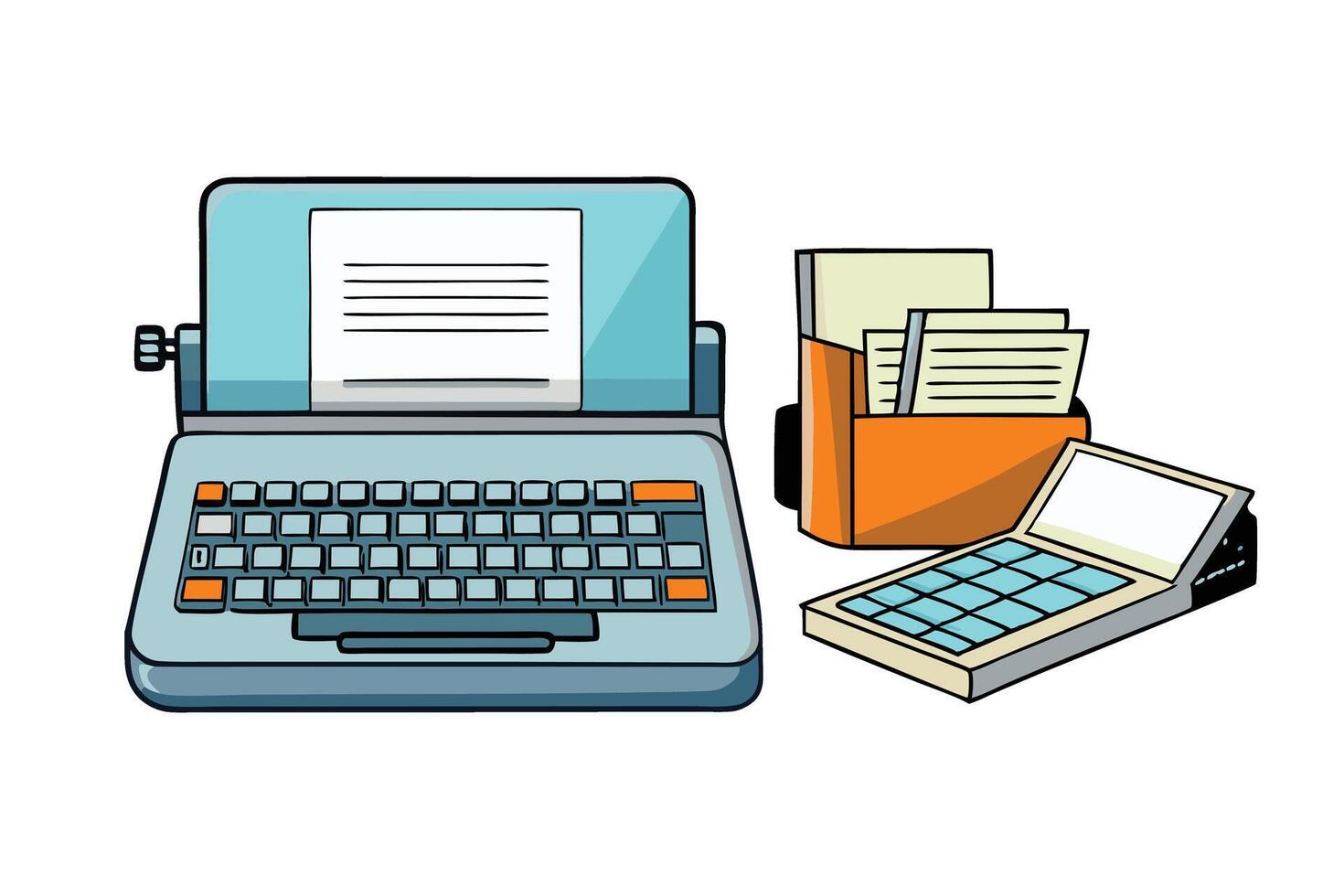 Stylized illustration of a retro typewriter and organizational accessories, merging old school charm with a modern aesthetic vector
