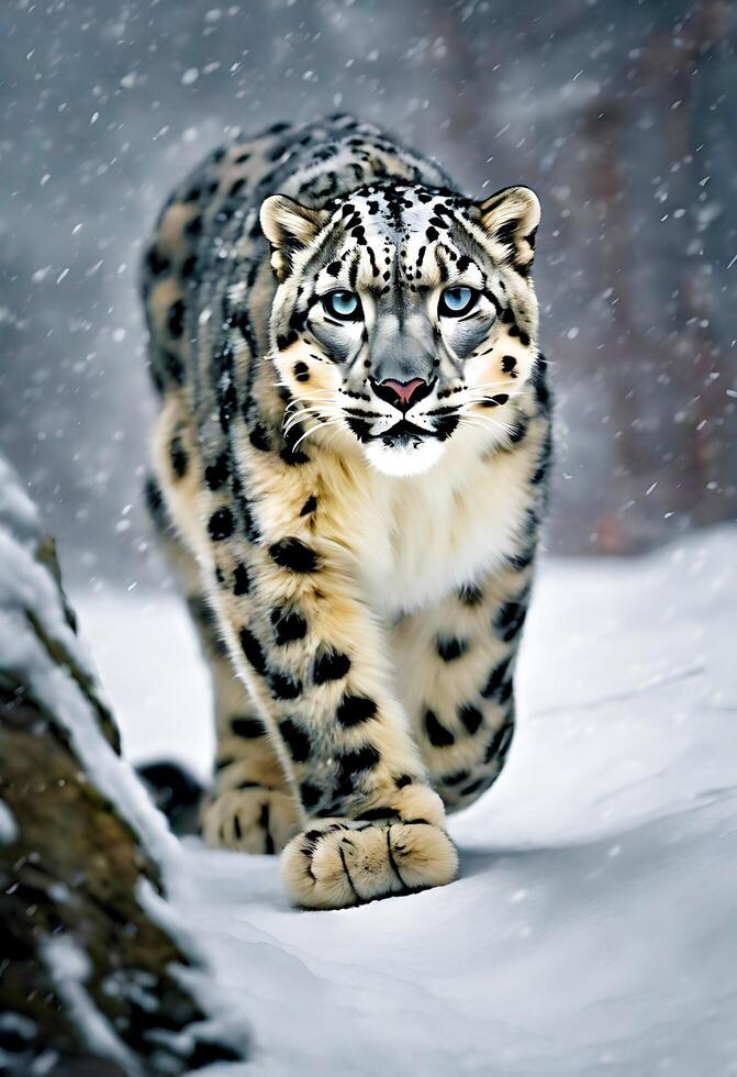 Snow Leopard in Majestic Winter Scene photo