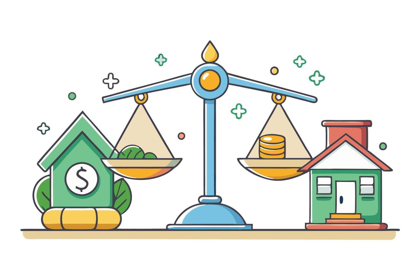 Vibrant financial themed illustration of a balance scale weighing money and real estate, symbolizing financial choices and equity vector