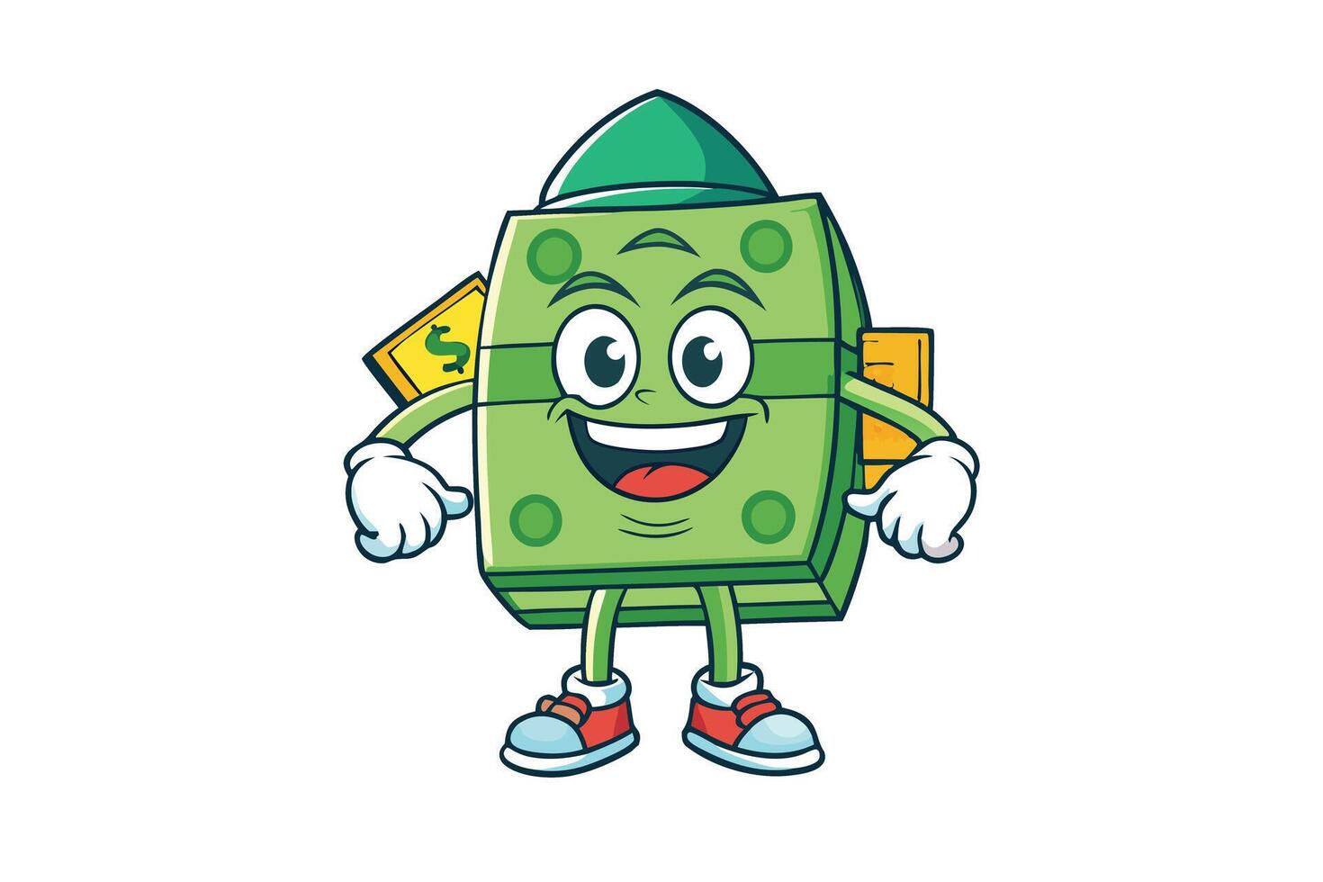 Cartoon style money character with a happy expression, designed with vibrant colors, representing wealth and financial prosperity vector