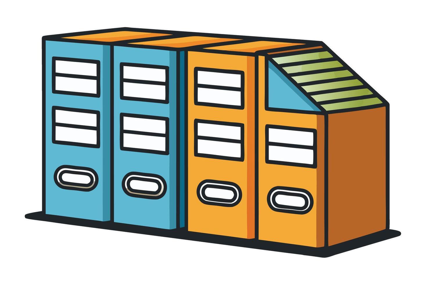 Stylized archive box with neatly organized orange and blue folders, representing file storage and office organization in a cartoon style vector