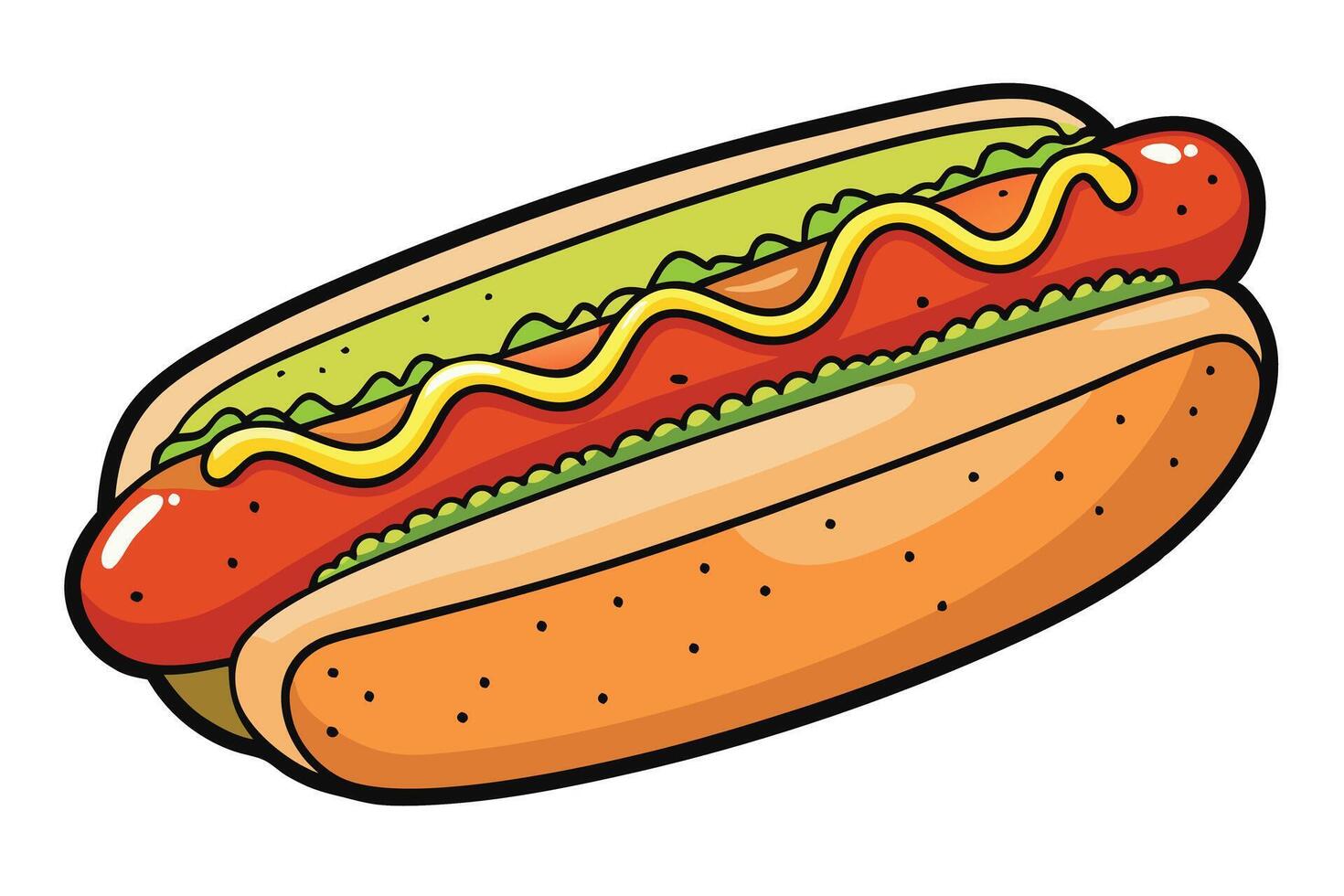 Illustration of a hot dog topped with mustard and lettuce in a soft bun, perfect for food themes, fast food promotions, or menu designs vector