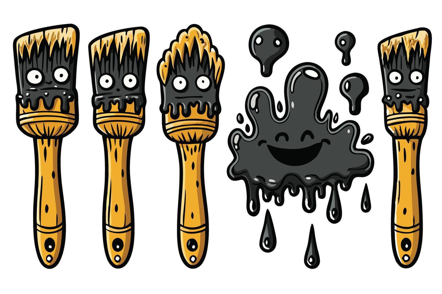 Set of quirky cartoon paintbrushes with dripping black paint, showcasing unique expressions and vibrant artistic style vector