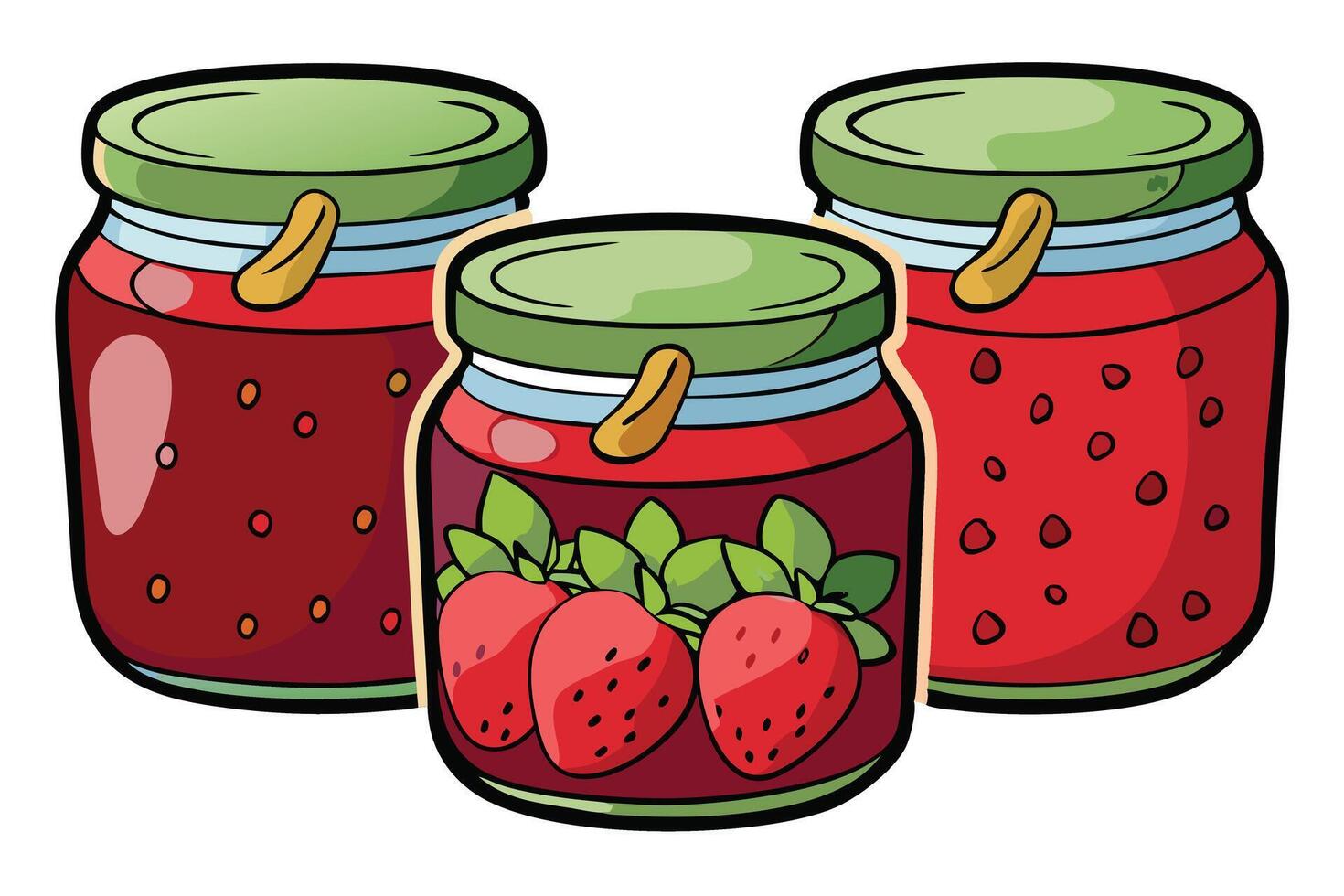 Collection of strawberry jam jars with decorative caps and smiling faces, perfect for breakfast themed illustrations vector