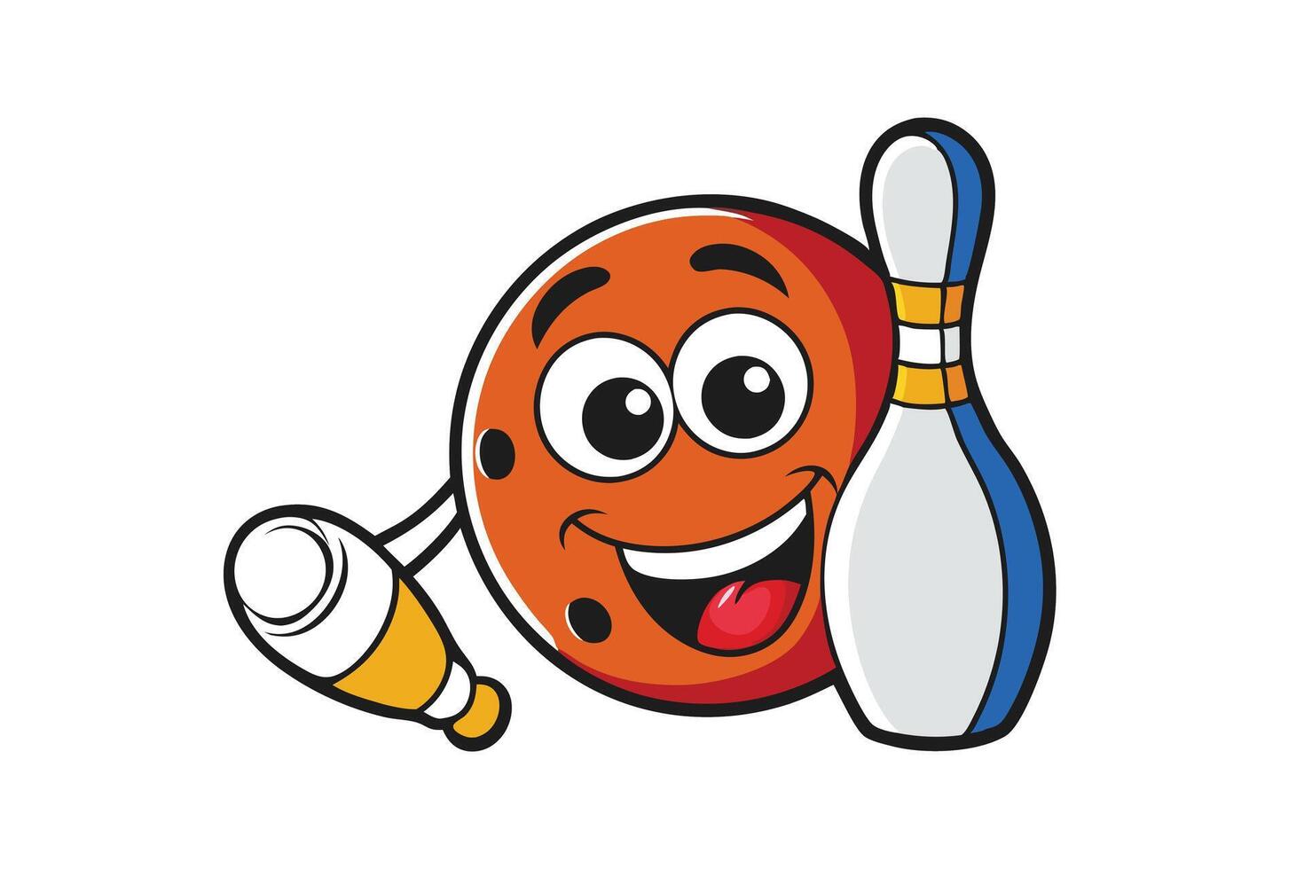 Cheerful cartoon bowling ball and pin with vibrant colors and smiling faces, perfect for representing sports, fun, and recreational activities vector