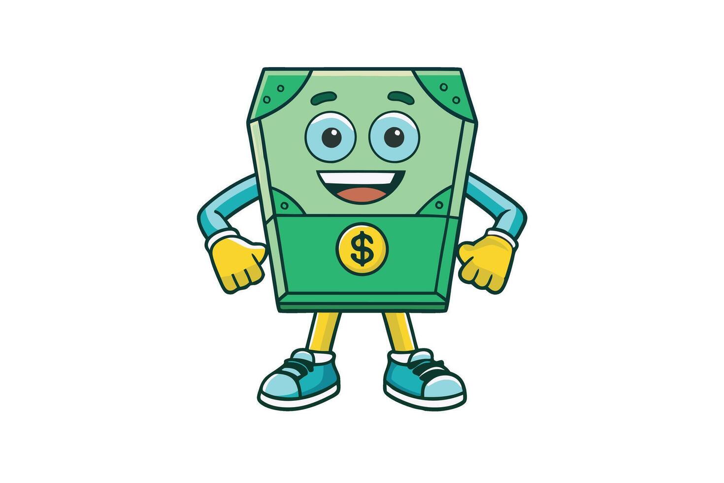 Cheerful money character cartoon in green tones, symbolizing savings, banking, or economic success in a fun and engaging way vector