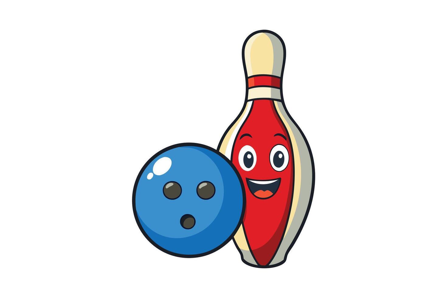 Colorful cartoon bowling ball and pin with happy expressions, showcasing fun and enjoyment for sports, games, and leisure concepts vector
