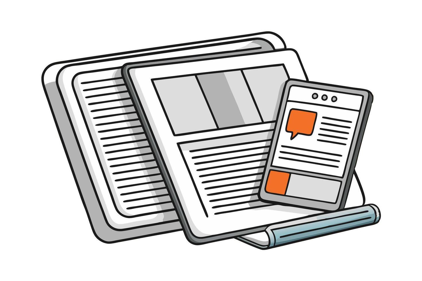Clean artwork featuring folded newspapers and tablets, ideal for themes of journalism, communication, and media evolution vector