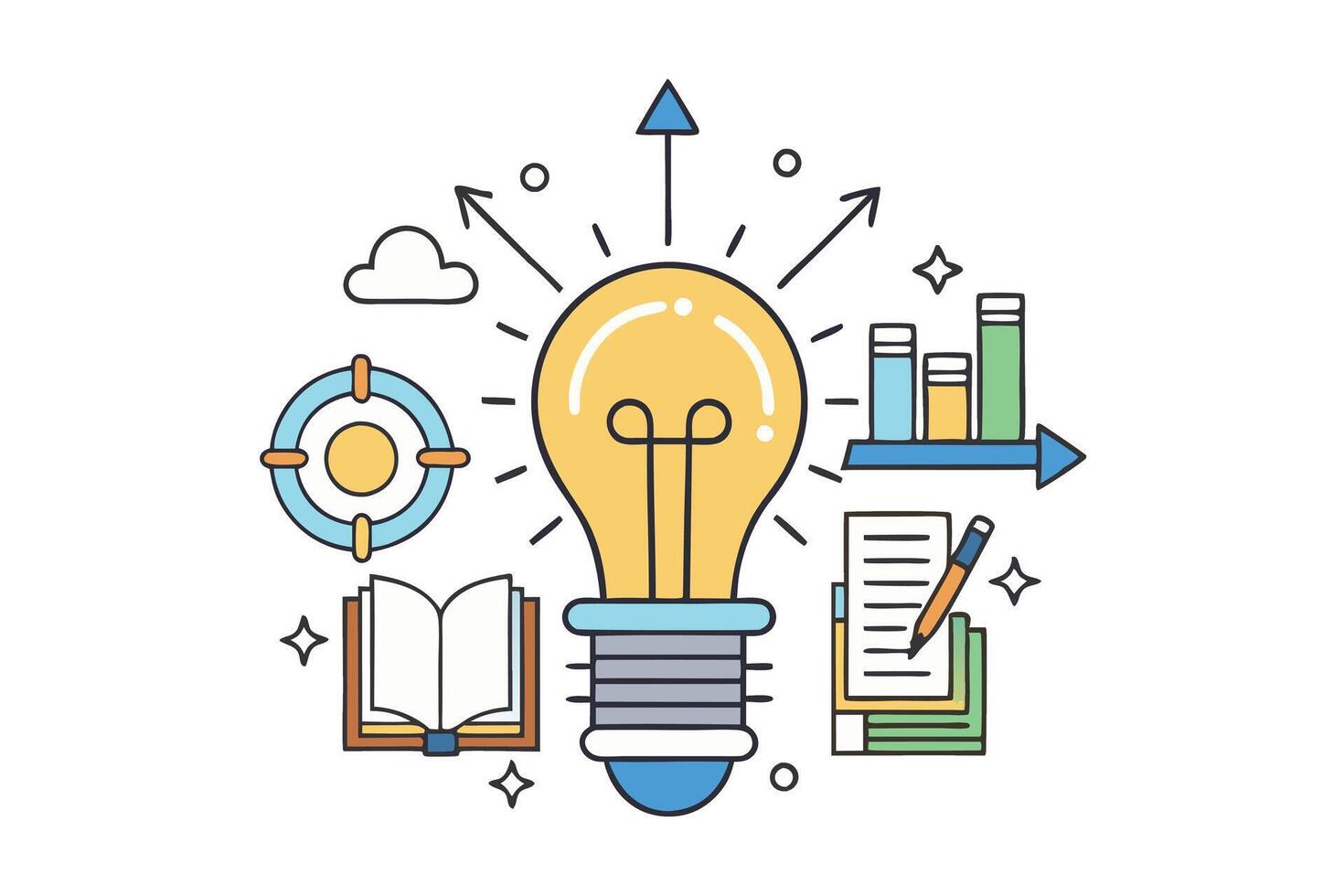 Stylized illustration showcasing a lightbulb surrounded by arrows, books, and graphs representing educational growth and innovation vector