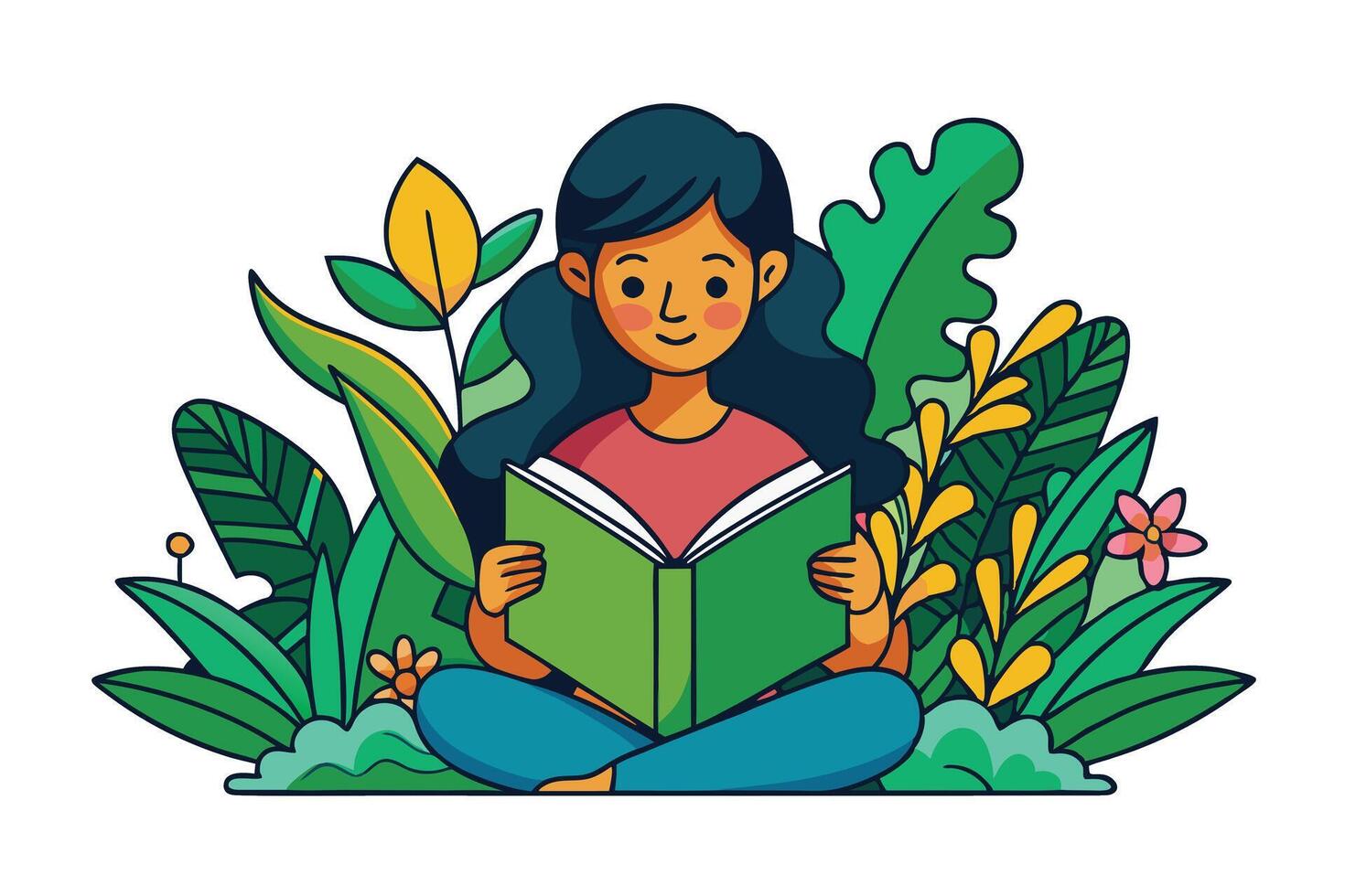 Illustration of a woman enjoying a book in a lush greenery environment, emphasizing relaxation, learning, and connection to nature vector