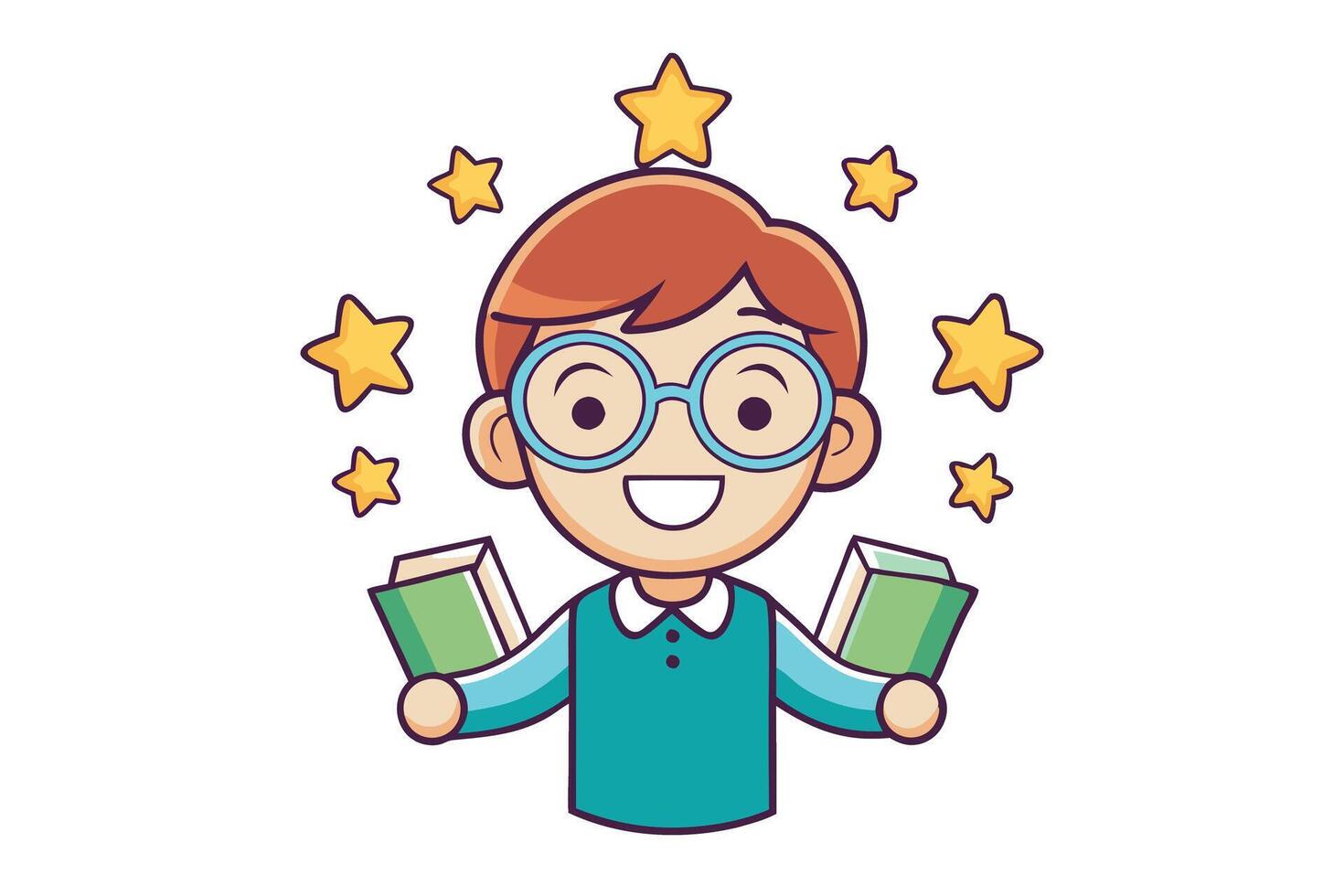Cartoon illustration of a happy child reading books with glowing stars, representing imagination, study, and intellectual growth vector
