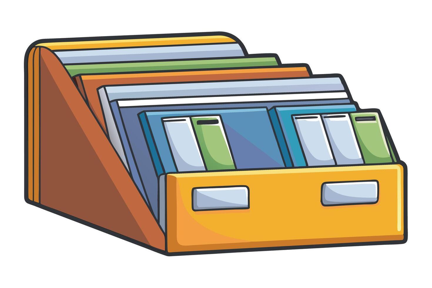 Colorful archive folders organized in a wooden box on a white background, perfect for representing office organization and file storage vector