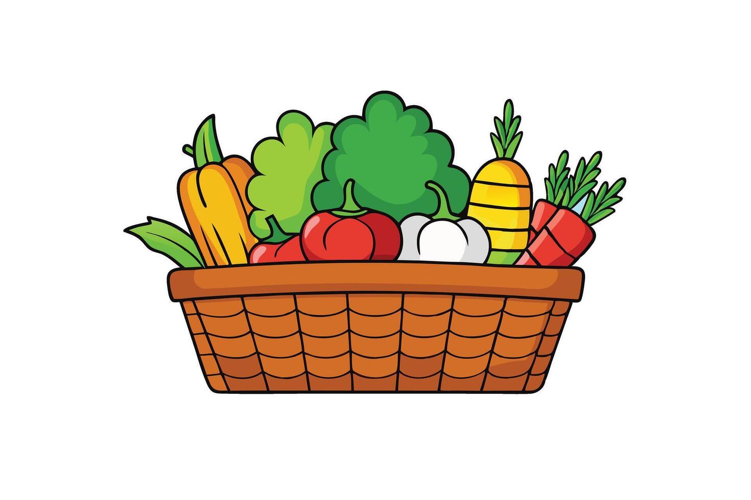Cartoon Style Vegetable Basket Featuring Organic Produce Like Tomatoes, Carrots, and Broccoli on a White Background vector