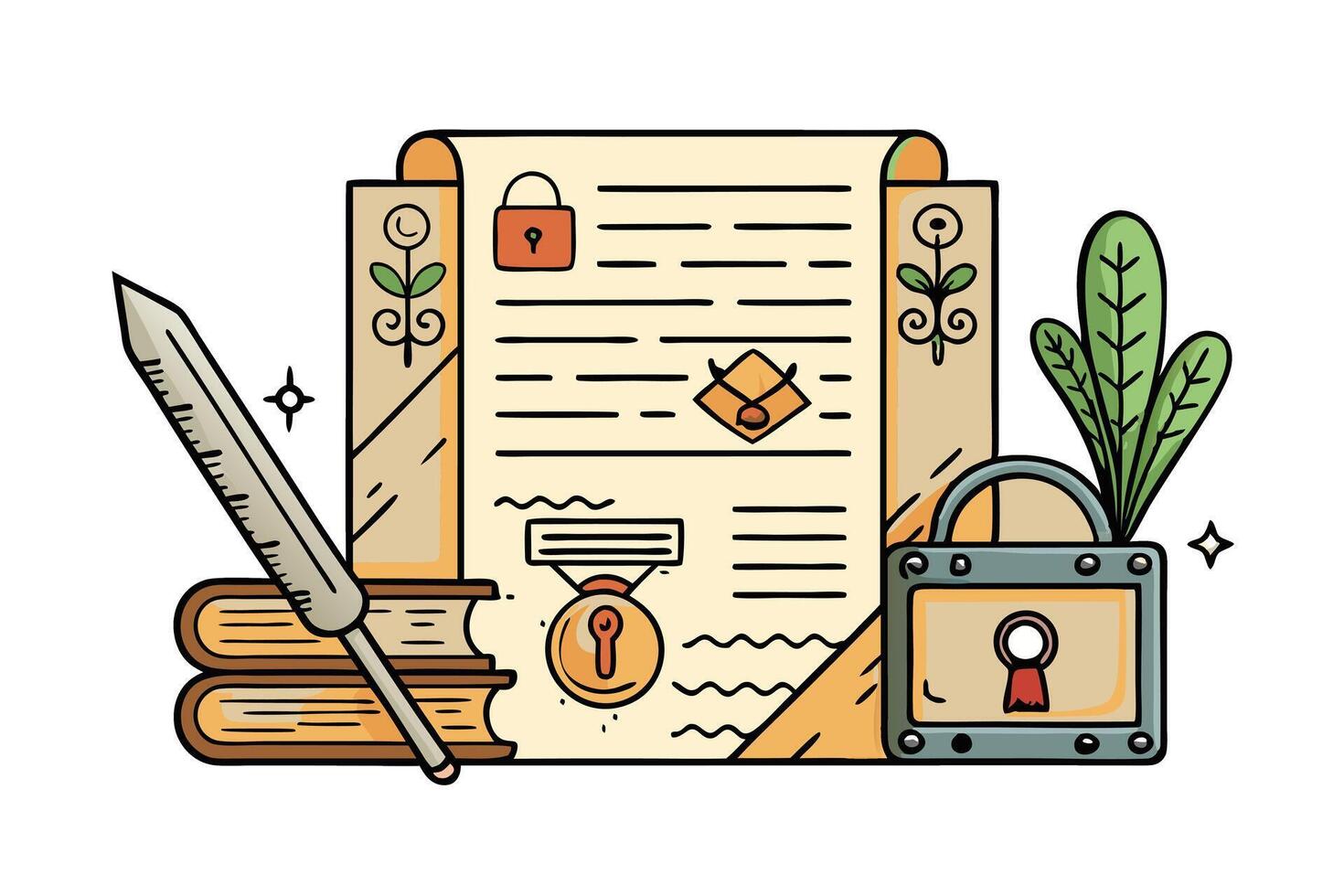 elegant illustration of an encrypted recipe card with vintage scroll, feather quill, padlock, and decorative elements symbolizing security vector