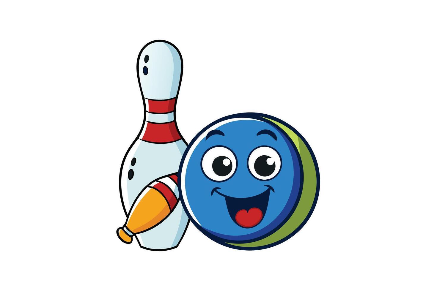 Playful illustrated bowling ball and pin character set, ideal for entertainment, sports themes, or family friendly content designs vector