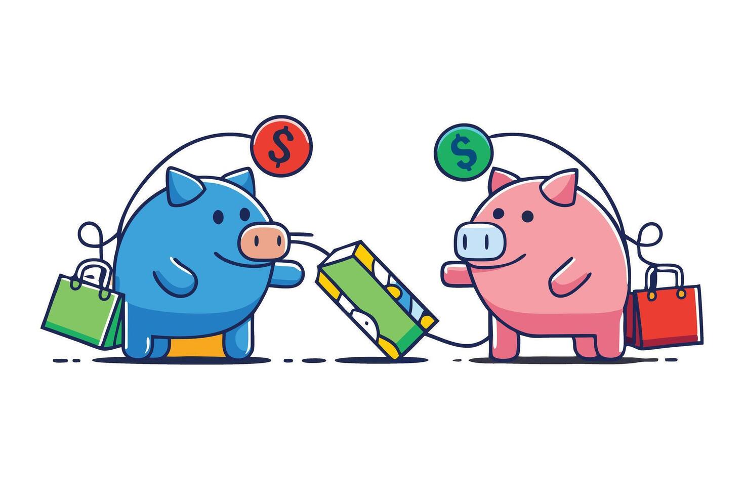 Colorful graphic showing piggy banks competing for shopping bags, money, and gifts, representing financial decisions and trade offs vector