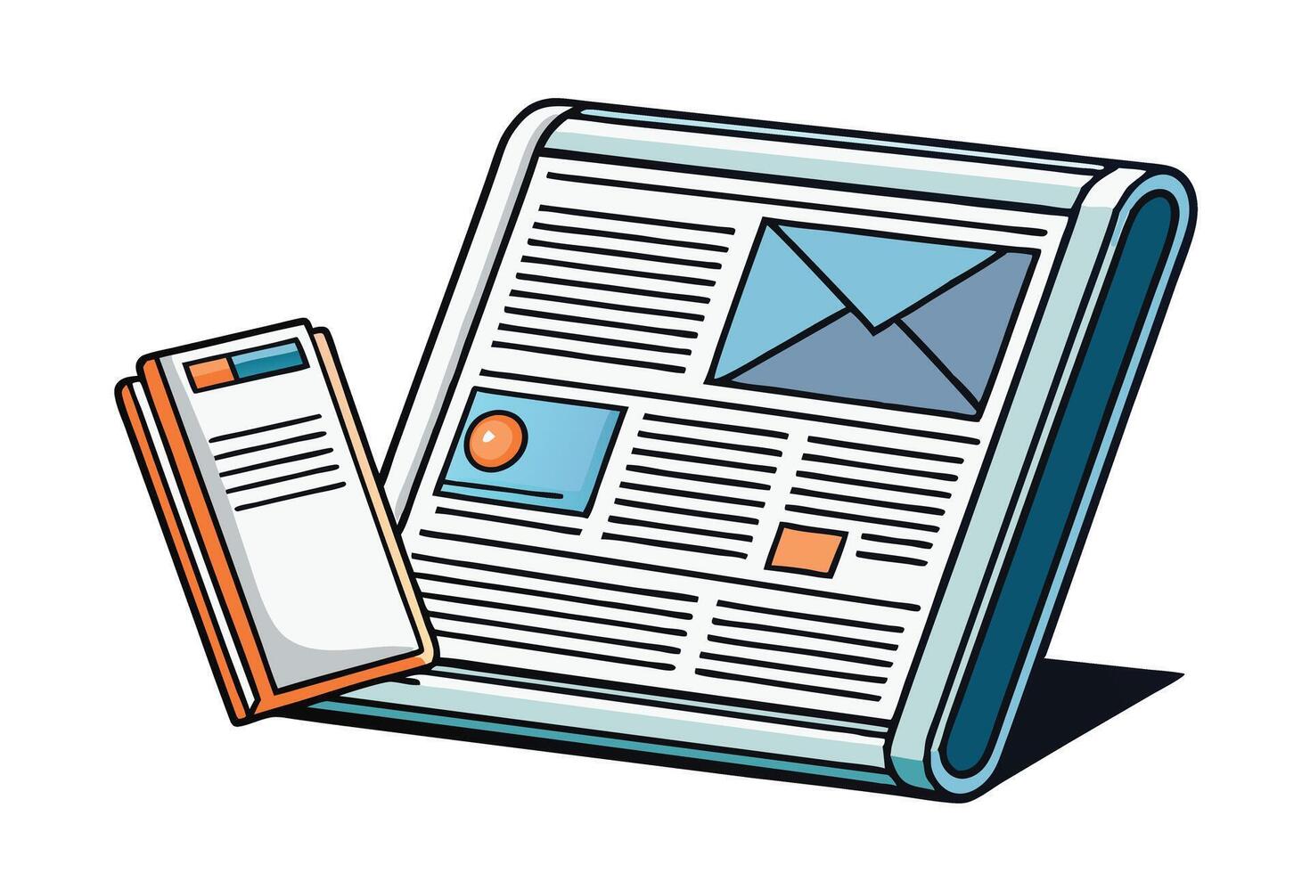 Stylized illustration of newspapers and electronic devices, blending traditional and digital media concepts in a simple format vector