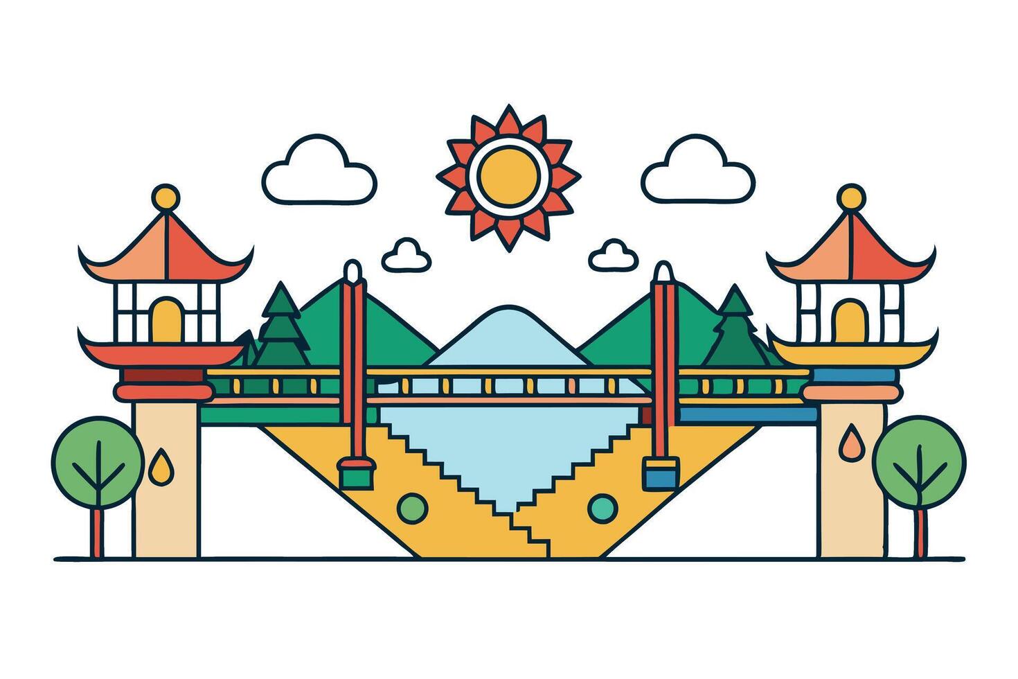 Modern artwork depicting a bridge with cultural towers, sunny landscape, and decorative design in vibrant colors vector
