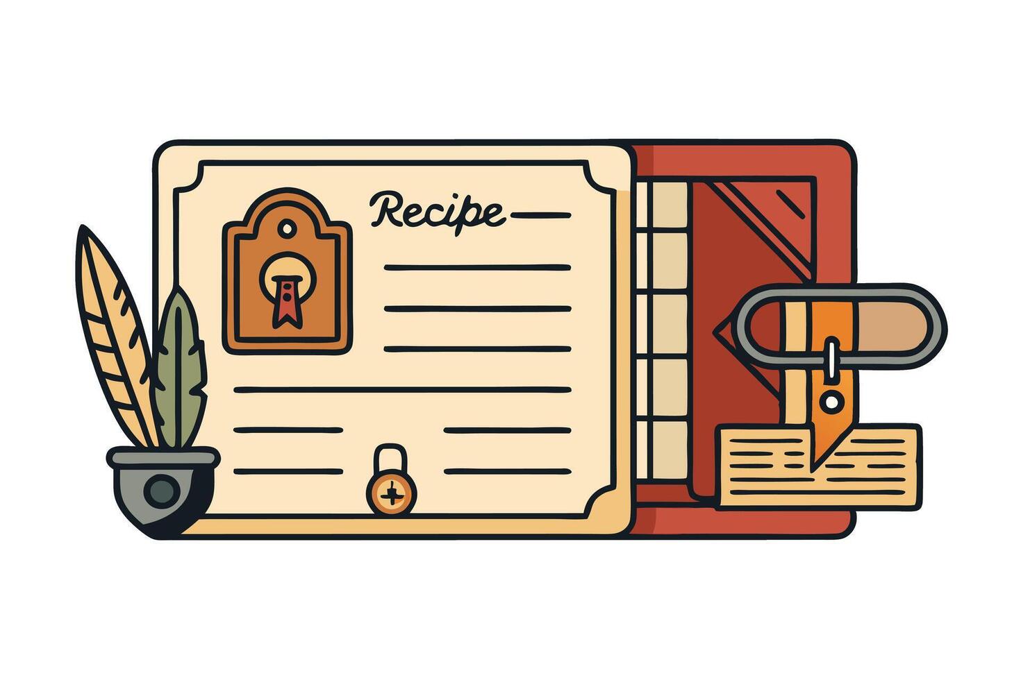 vintage style art of a secured recipe document with a scroll, padlock, and quill, symbolizing protection and confidentiality vector