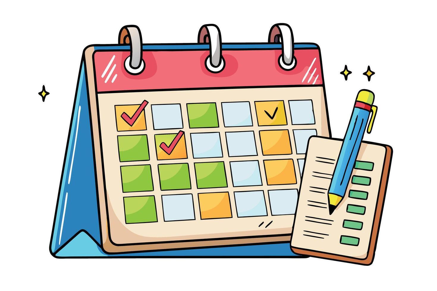 Colorful desk calendar illustration with highlighted dates, checklist, and pencil, symbolizing organization, planning, and time management vector