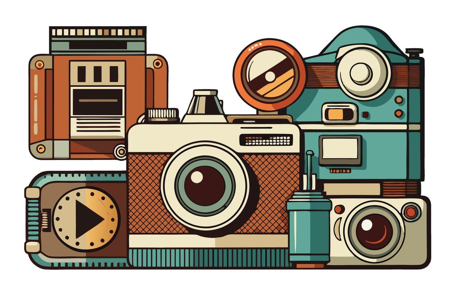 Elegant composition of vintage cameras in a modern design with artistic detailing and textured finishes vector