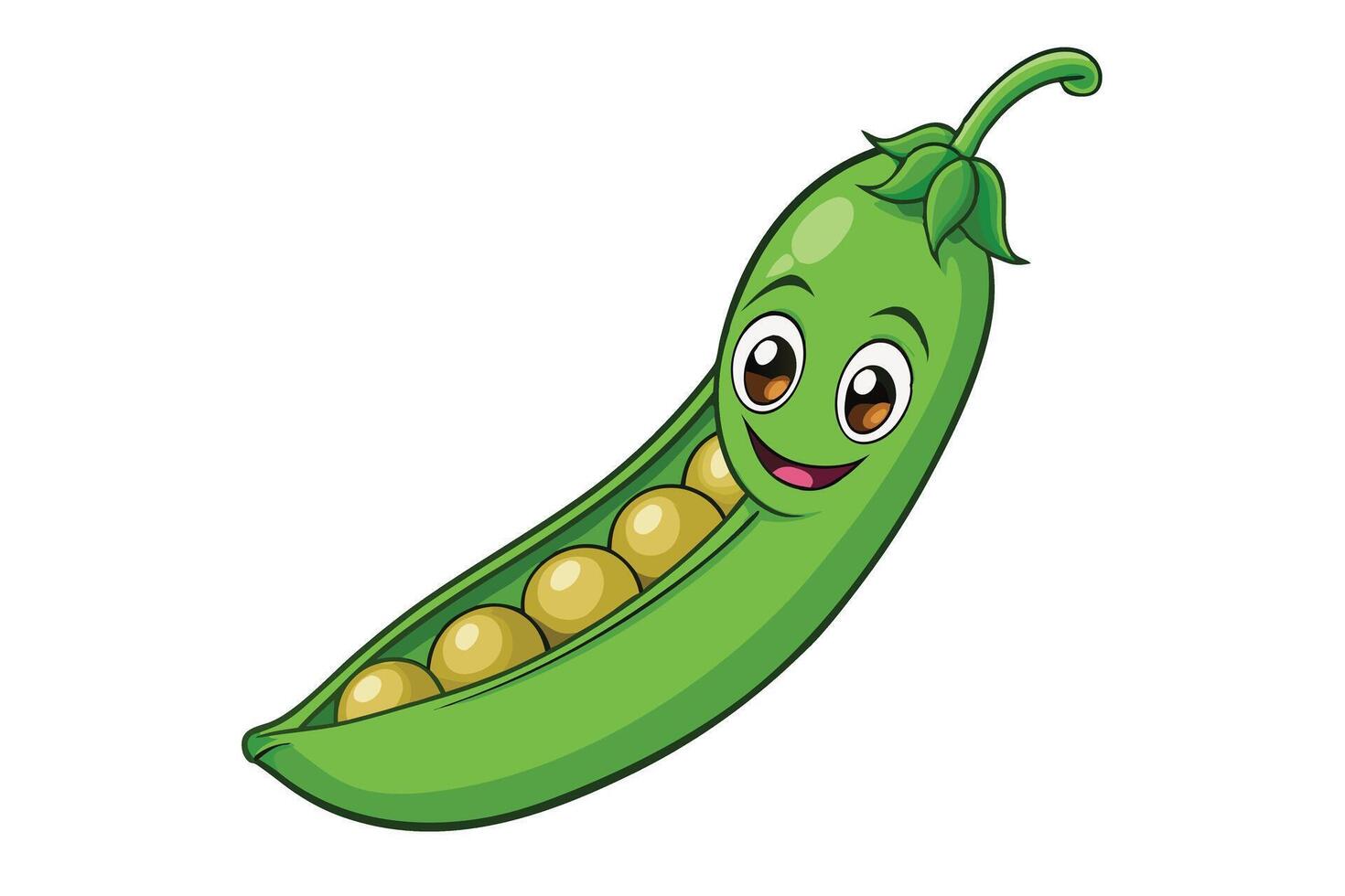 Cheerful green pea pod cartoon illustration featuring smiling character with vibrant colors and lively expression on a white background vector