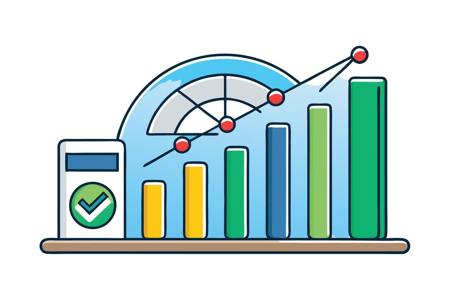 Modern infographic style image showing financial performance trends with bar graphs, analytics dials, and growth indicators vector