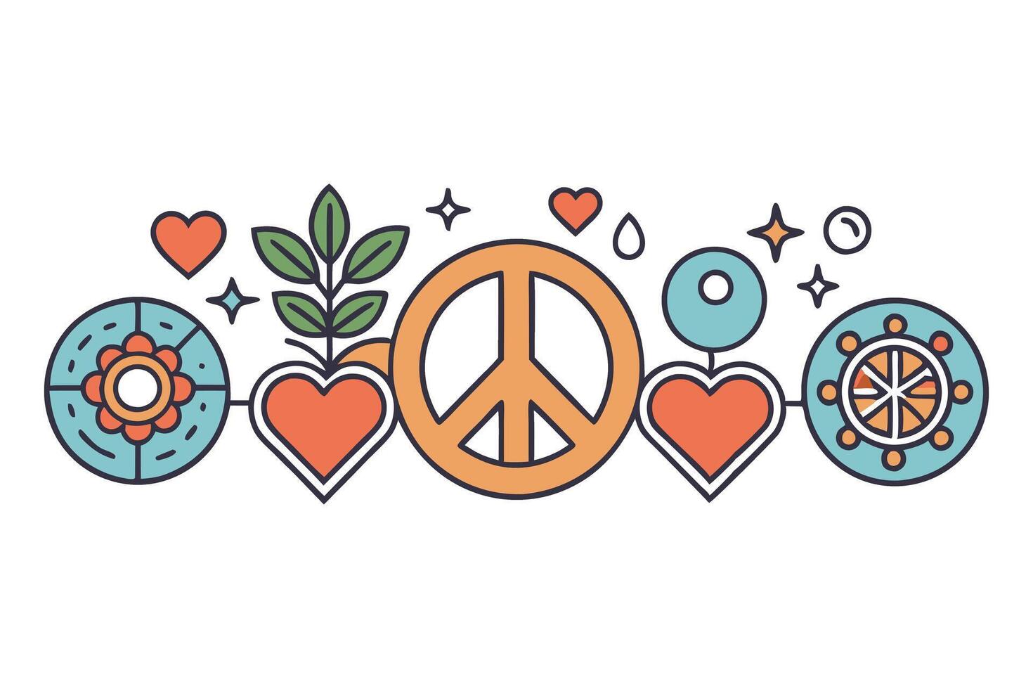 Creative flat illustration with peace symbols, hearts, and plants, emphasizing themes of love, nature, and harmony in a clean design vector