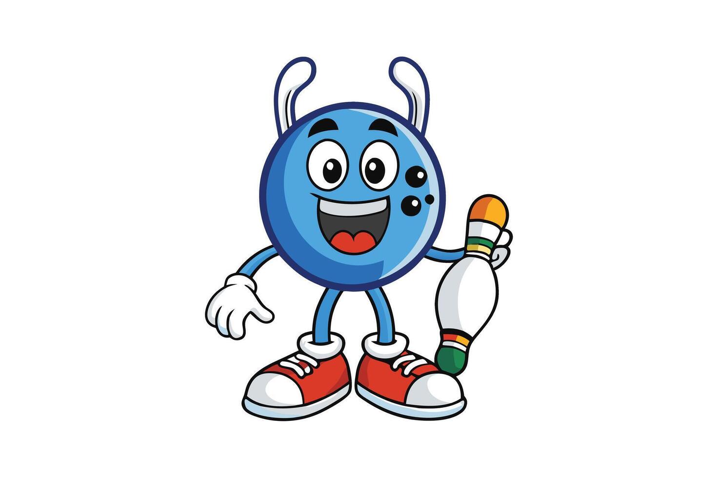 Cartoon style bowling character with a vibrant blue pin and ball, featuring expressive faces and playful design, ideal for sports themes vector