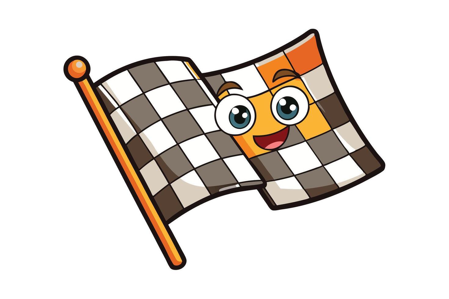 Cartoon style smiling racing flag illustration with orange and black checkered design isolated on white background vector