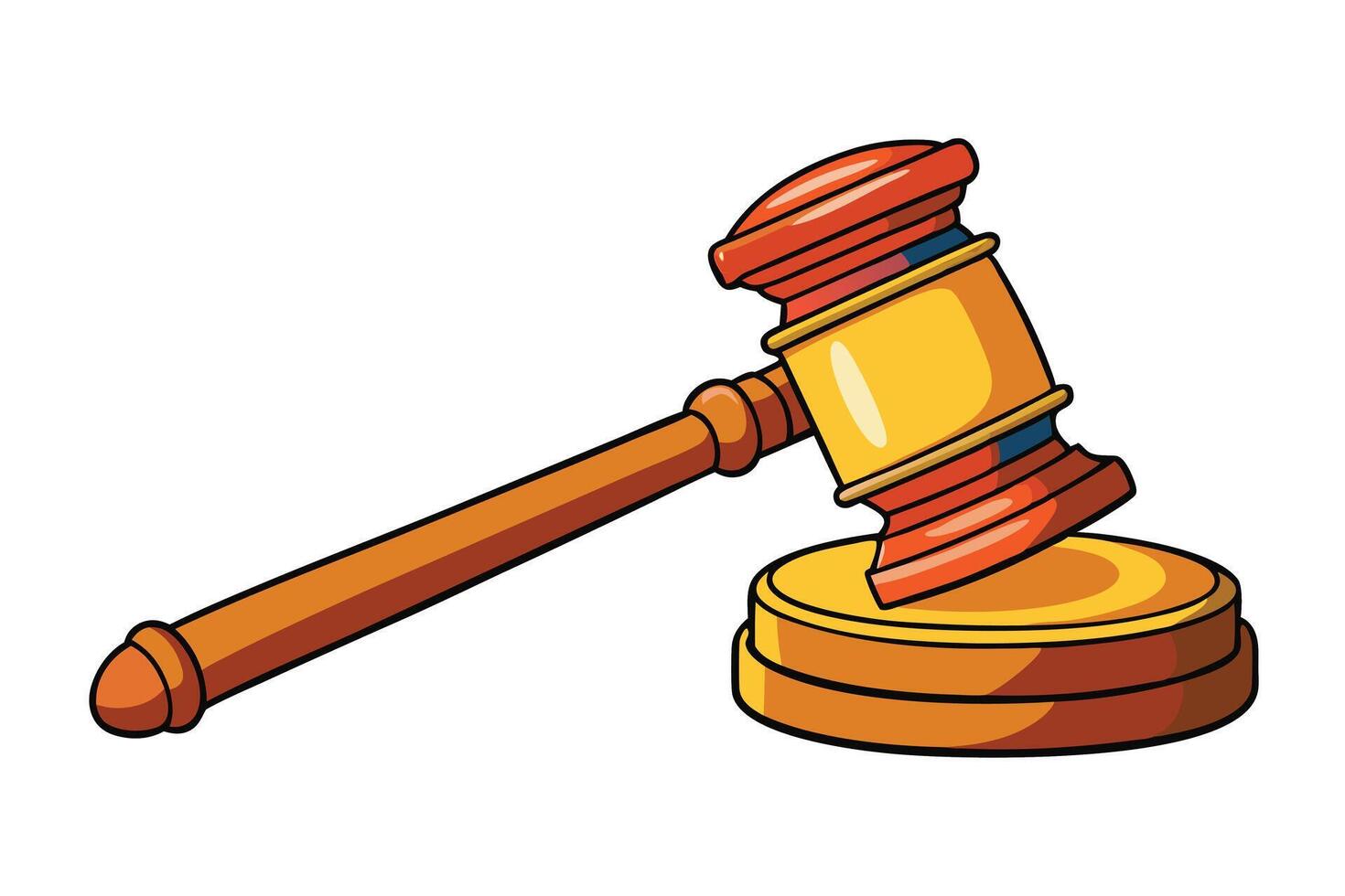 Cartoon illustration of a wooden gavel and base, symbolizing justice, law, and authority, isolated on a clean white background vector