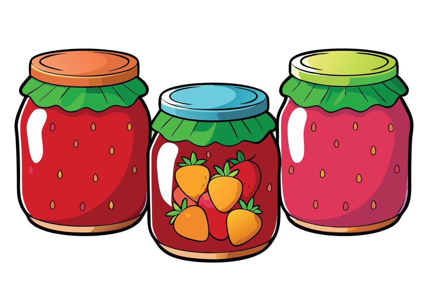 Bright cartoon style jam jars filled with strawberries, detailed design, perfect for food related artwork and designs vector