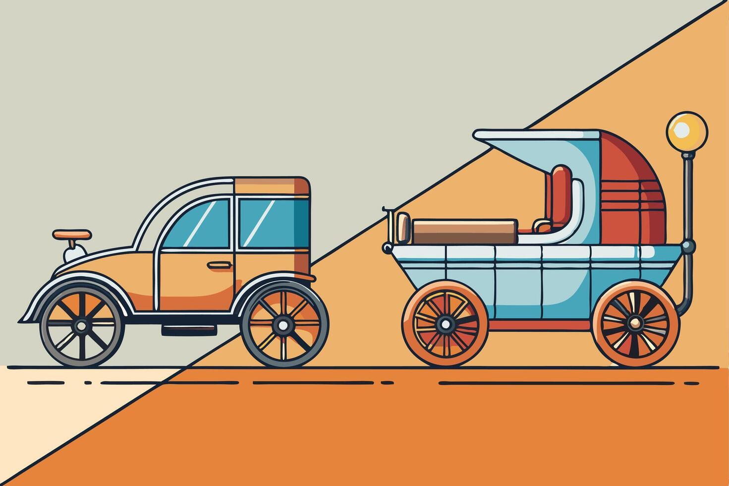 Stylized graphic showcasing side by side comparison of vintage carriages and modern vehicles, representing old vs new technology vector