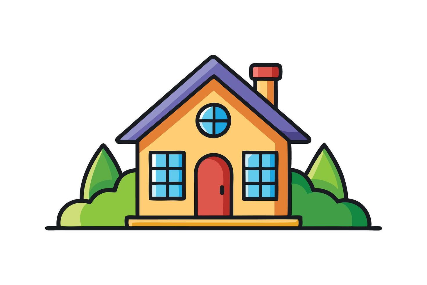 Bright and cheerful house icon featuring windows, a chimney, and greenery, ideal for home, housing, and real estate themes vector