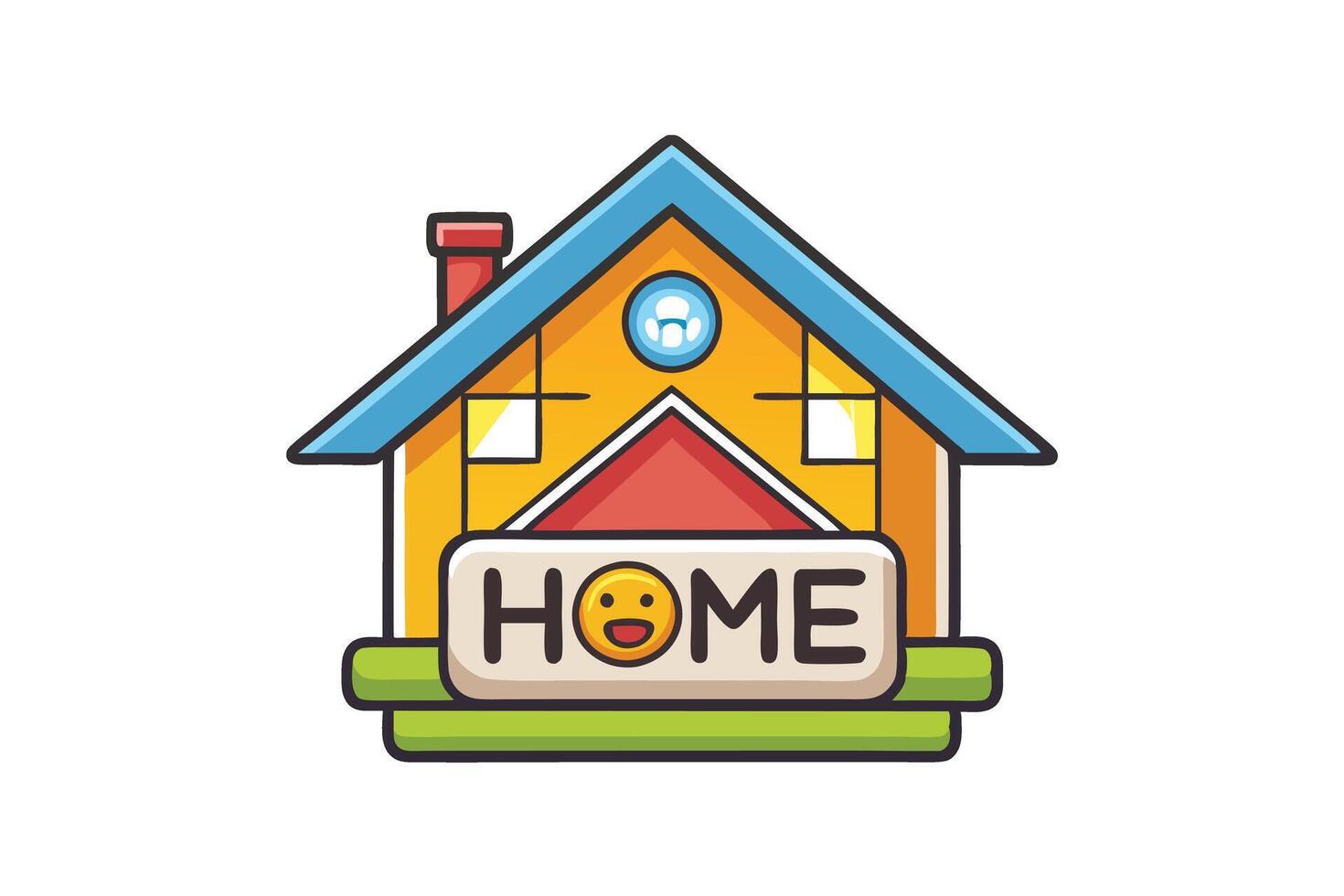 Cartoon style home graphic with a smiling expression, perfect for themes of warmth, shelter, and family in a playful and colorful design vector