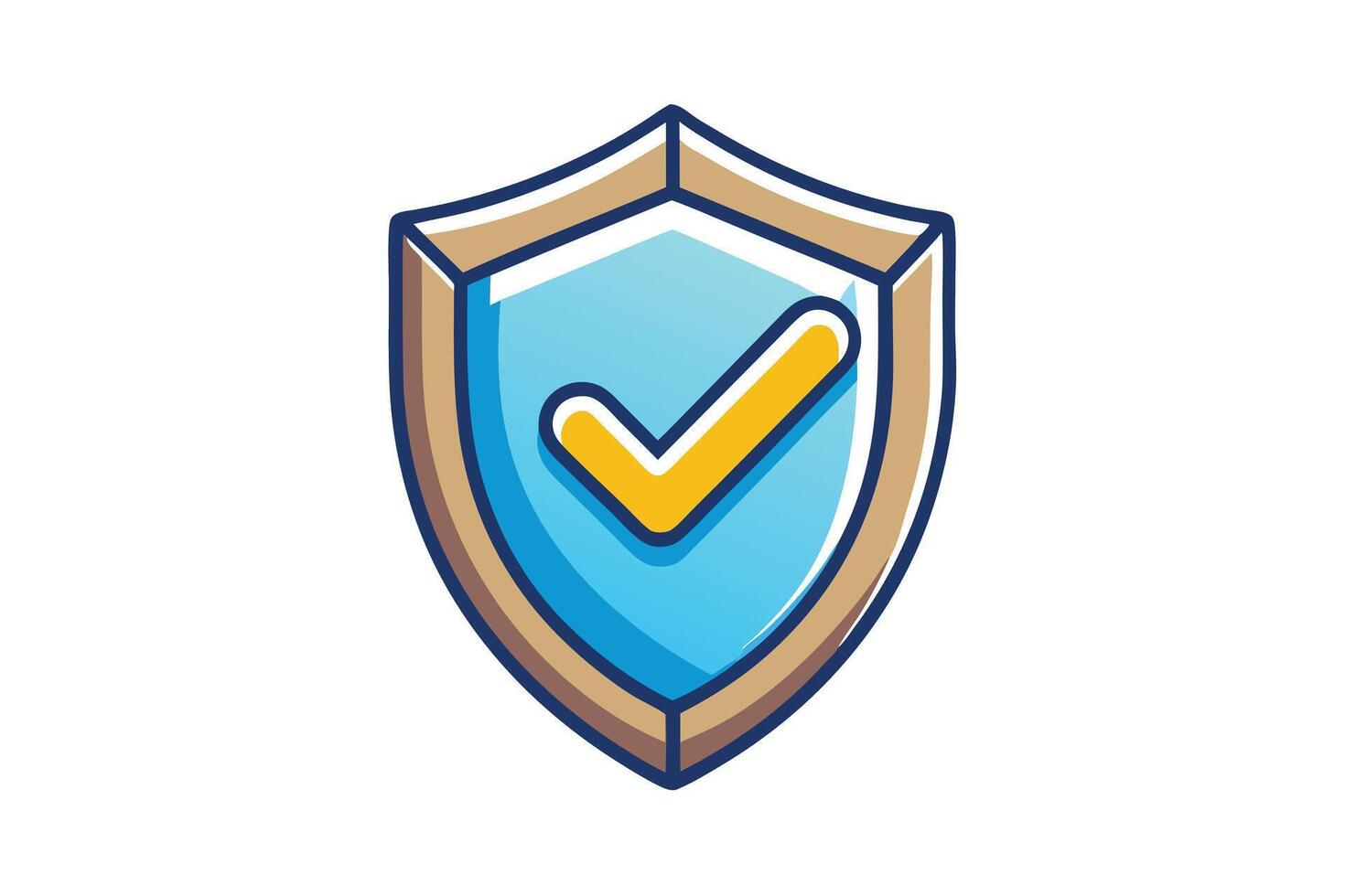 Stylized cartoon shield icon with green checkmark indicating verified security or certification on a clean white background vector