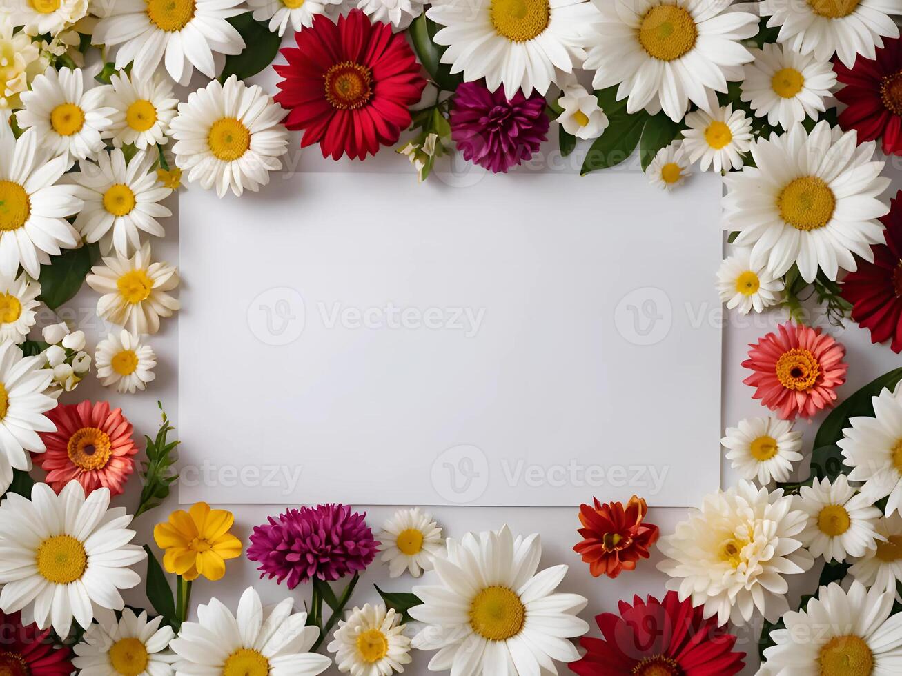 a sheet of white paper surrounded by various kinds of colorful flowers with unique colors. suitable for invitations and accessories that require a beautiful and beautiful appearance. photo