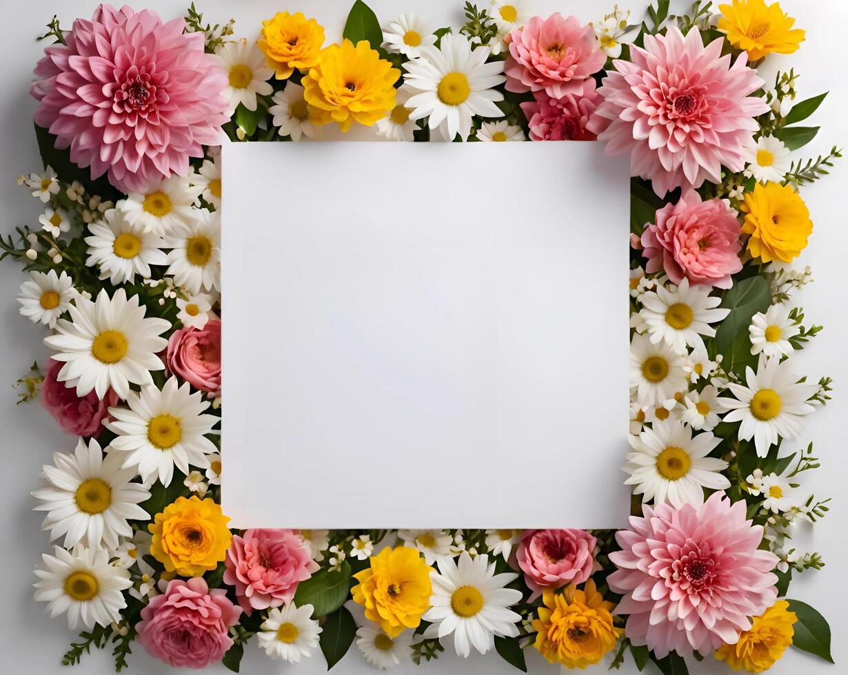 a piece of white paper surrounded by various colorful flowers. suitable for invitations and accessories that require a beautiful and beautiful appearance. photo