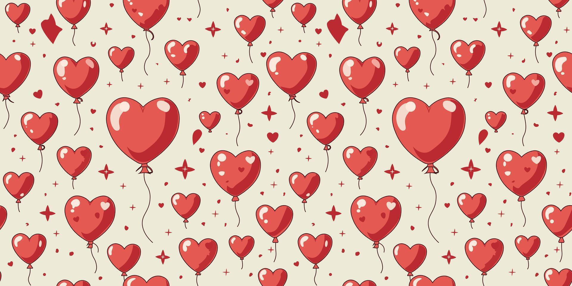 The Cute Red Heart Balloon Flying Shimmering Star Seamless Pattern vector