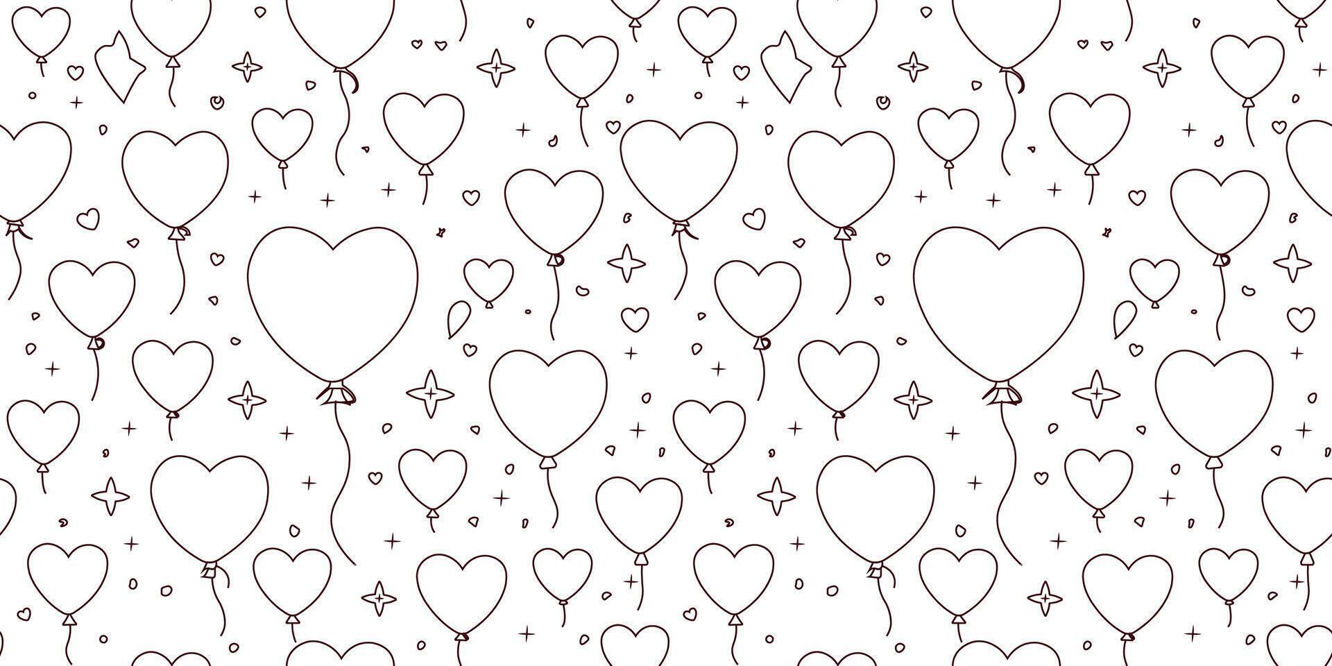 The Cute Doodle Heart Balloon Flying Shimmering Star Seamless Pattern vector